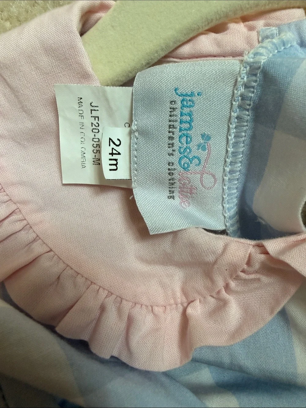 James & Lottie Blue & White Gingham Romper with Pink Ruffle Collar